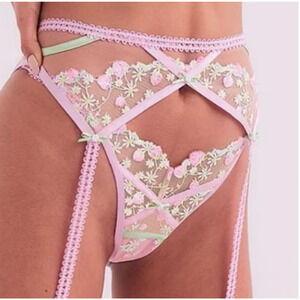 NWT For Love & Lemons Tutti Frutti Strawberry Floral Garter Belt in Pink Green